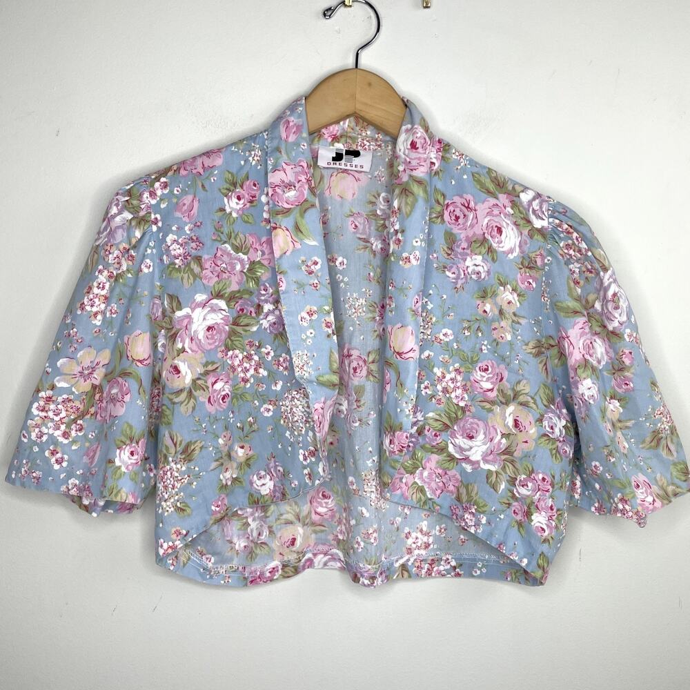 Vintage 80s 90s Floral Cottage Cotton Top Sz Large Cropped Lightweight Layering